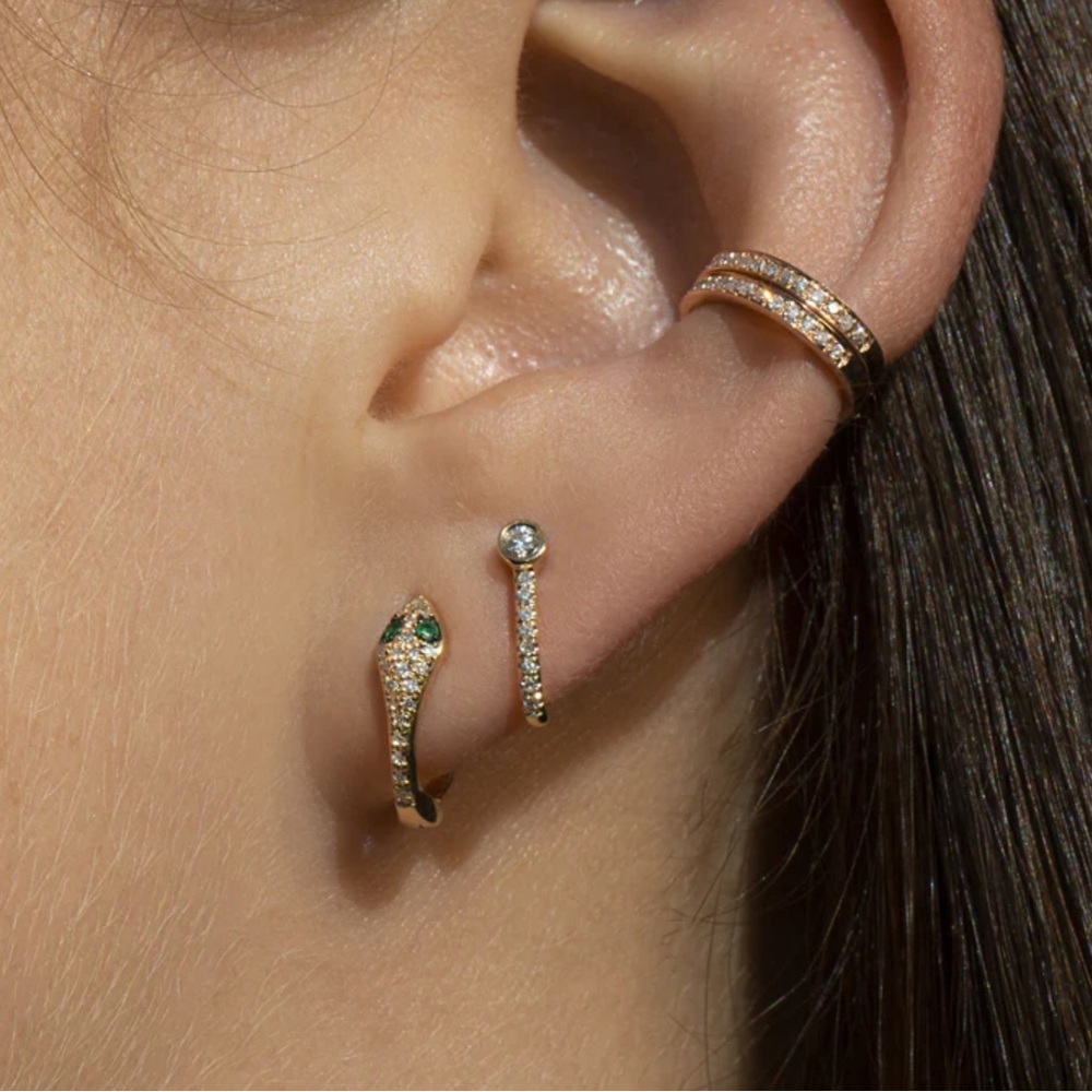 SOLD! 14K Diamond Emerald Snake Eyes Huggie Hoop Earrings - Solid Yellow Gold - Picture 2 of 7